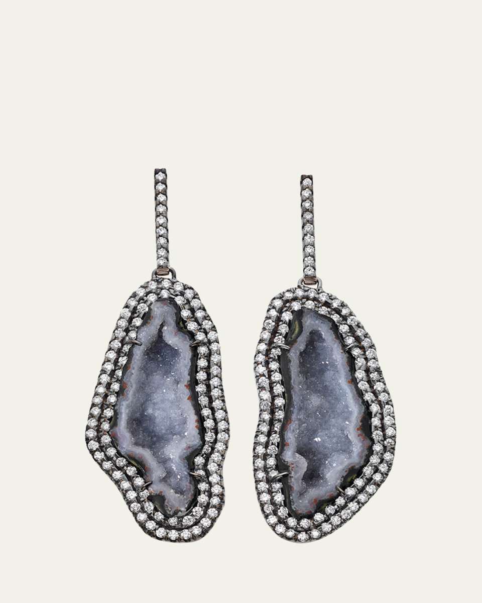 18K Gold Blue Geode Drop Earrings with Diamonds and Black Rhodium